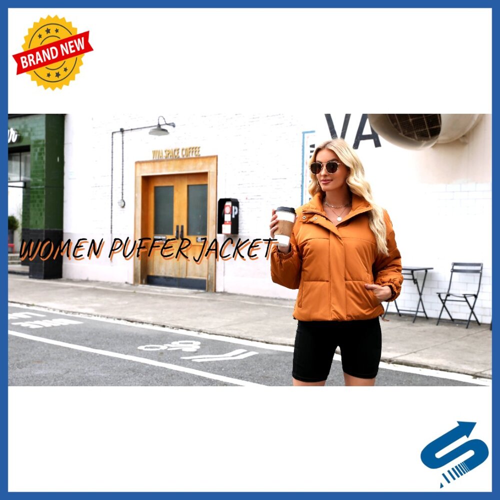 Cropped Puffer Jacket, Quilted Polyester, Long Sleeve, Stand Collar, Zipper - Picture 7 of 7